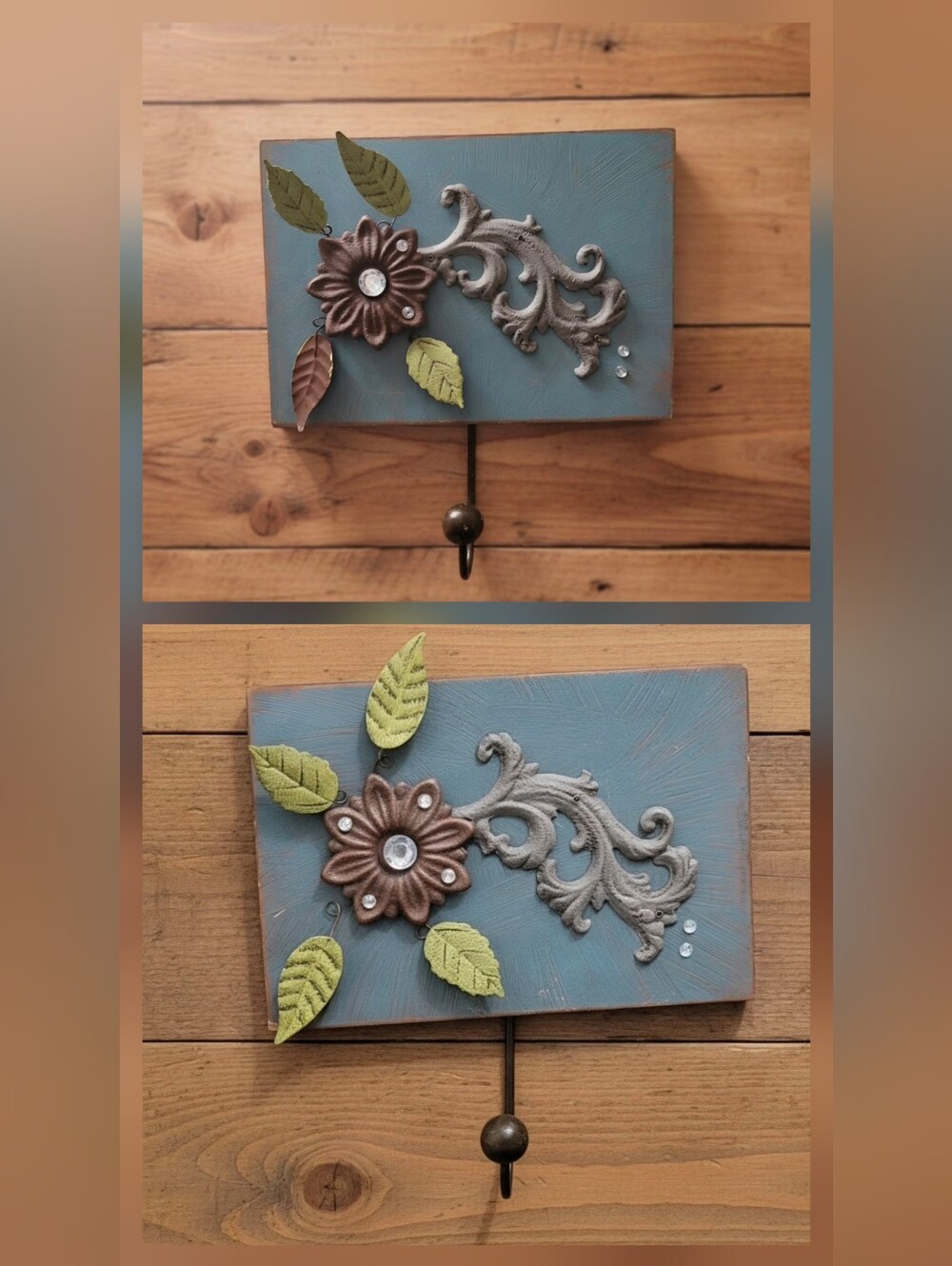 Vintage teal rustic coat hooks with movable flower petals